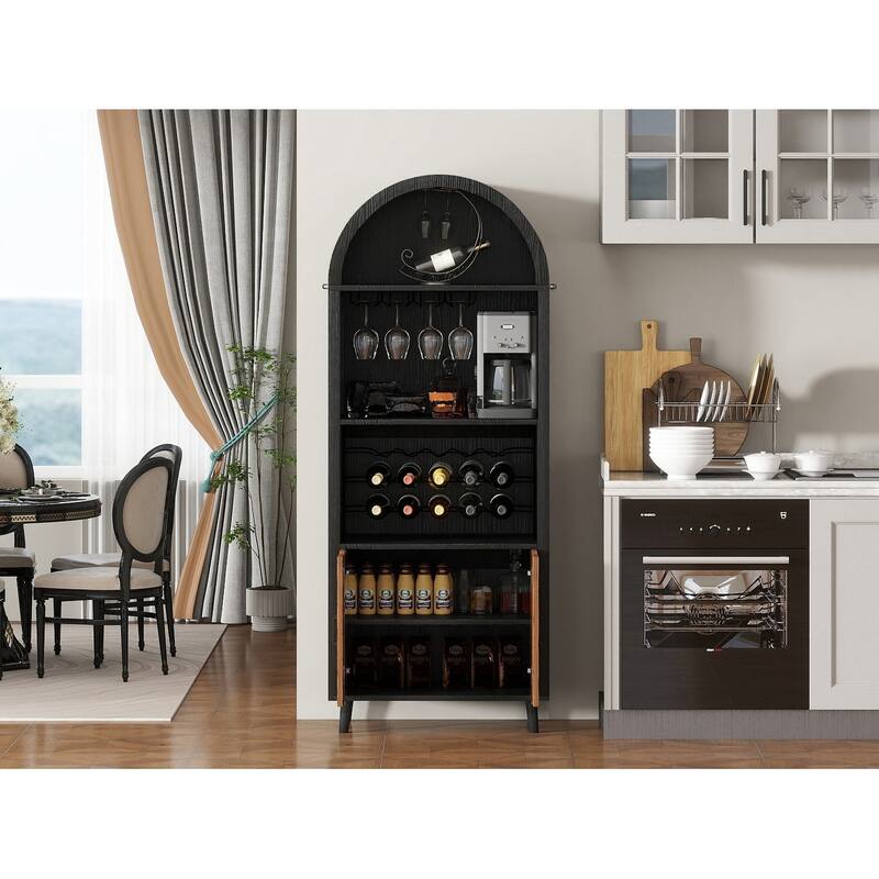 71"Farmhouse Arched Wine Bar Cabinet, Arch Cabinets &Coffee Bar, Whiskey Station With Wine Rack And Wine Glass Holder