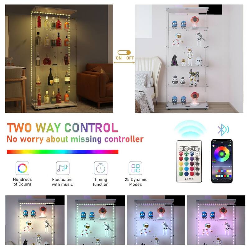 Tempered glass display cabinet, file cabinet, with Bluetooth LED light strip, lock on the door,equipped with cast, easy to move