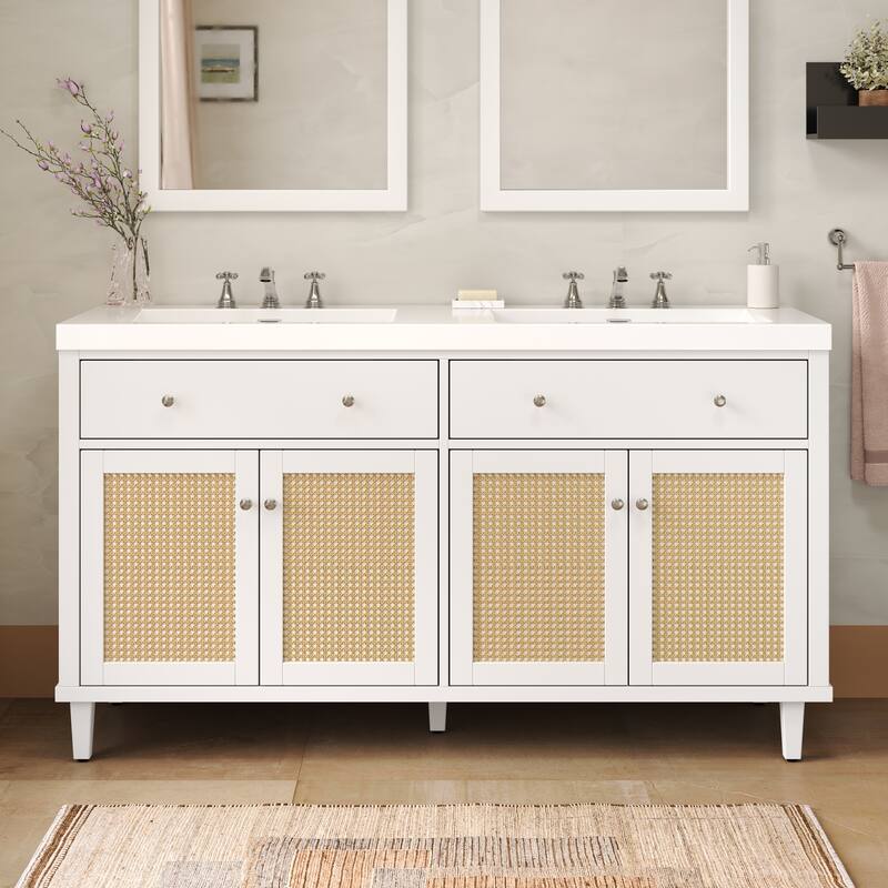Christopher Knight Home - Bellmere 60" Modern Double Sink Bathroom Vanity with SMC Sink, Soft-Close Storage, and Solid Wood Legs - White