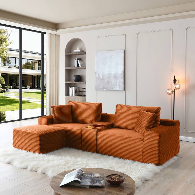 Modular Sectional Sofa, Deep Seat Corduroy Cloud Couch with Cup Holders, USB Ports & Storage Box