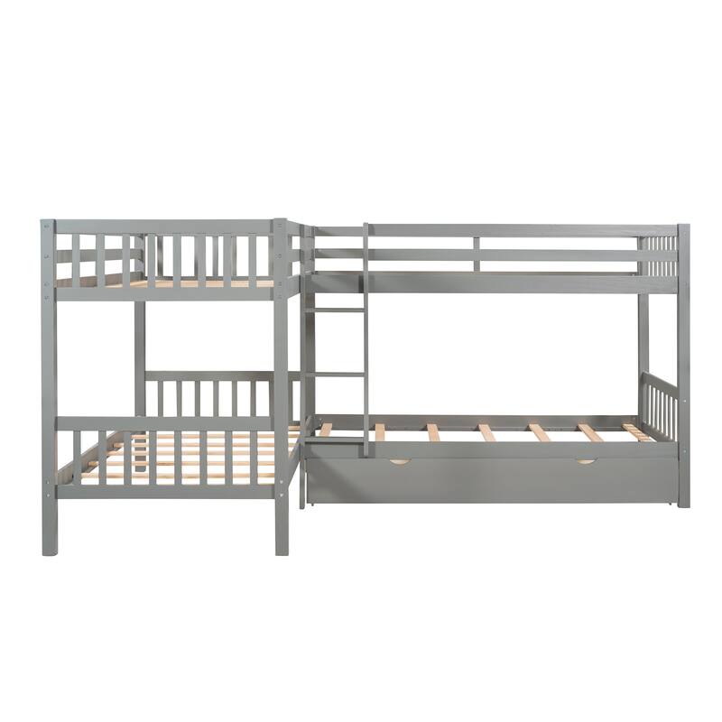 Twin Over Twin L-Shaped Bunk Bed with Drawers, Durable Pine Frame for Kids and Guests