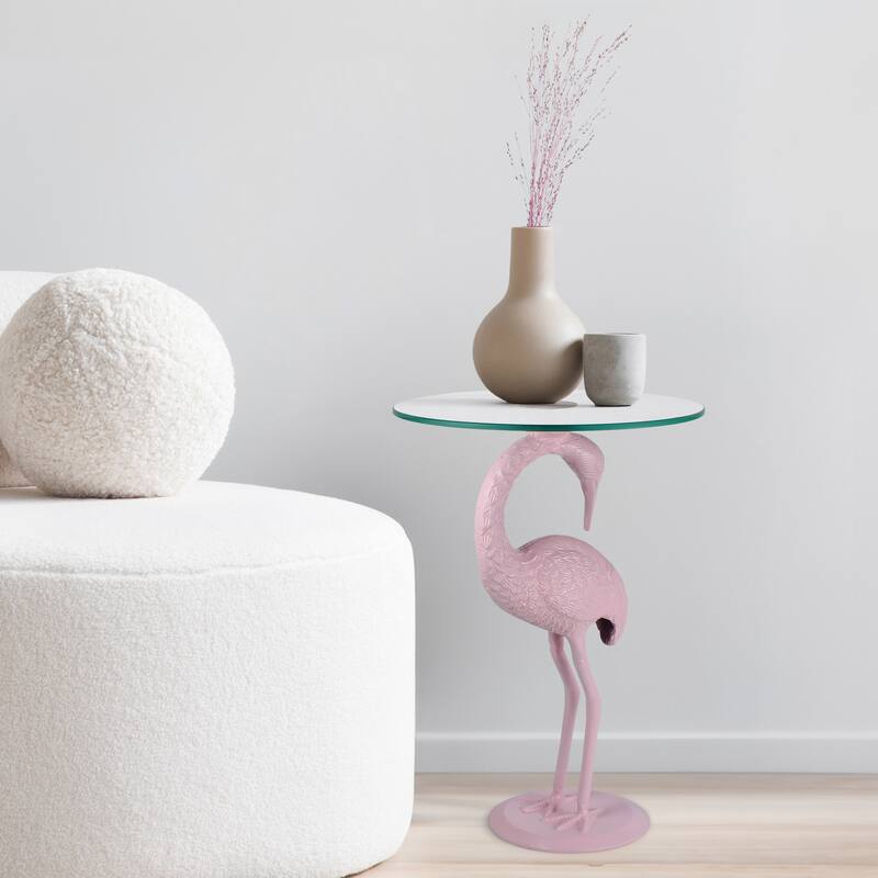 Nysha 25" Glass Top Flamingo End Table, Pink, by JONATHAN Y