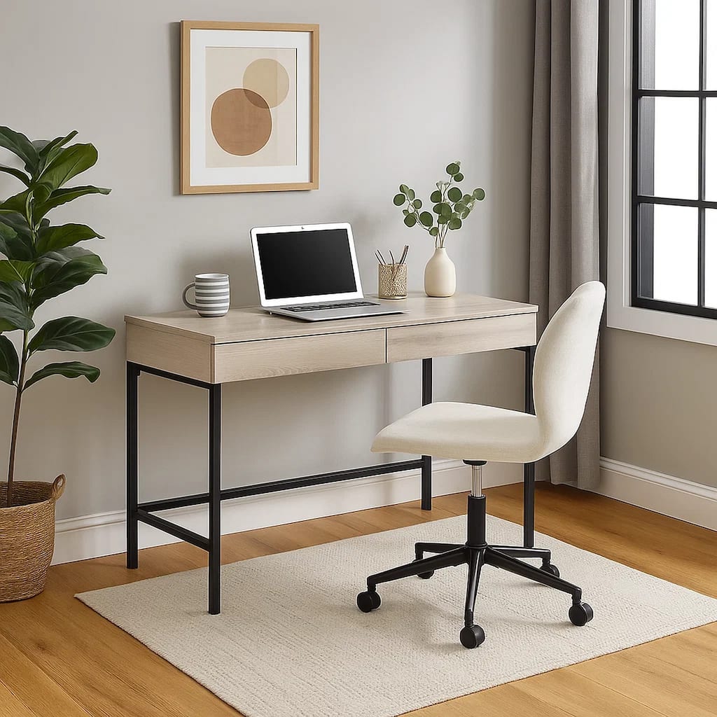 Wooden Desk with 2 Drawers and Metal Frame, Washed White and Black