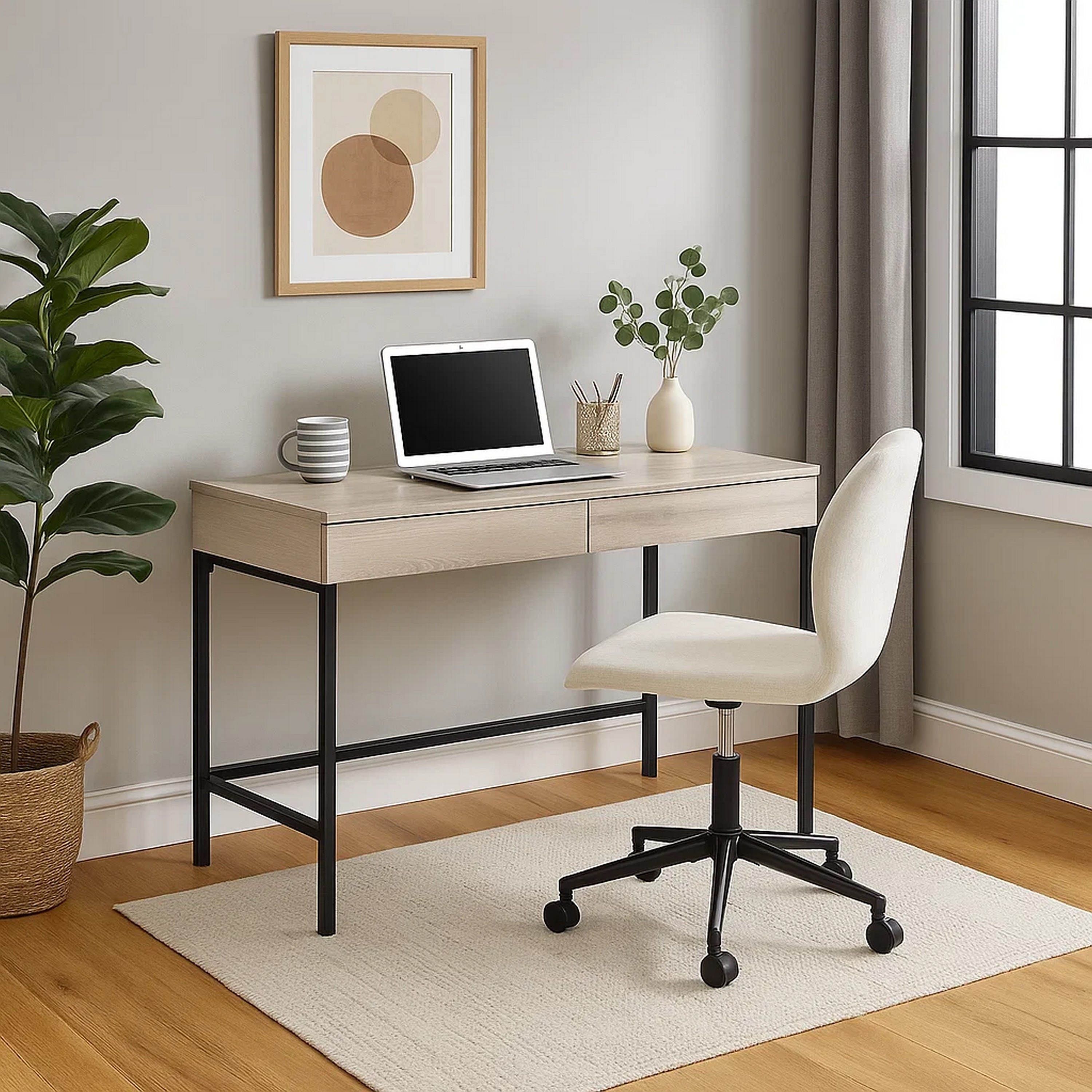 Wooden Desk with 2 Drawers and Metal Frame, Washed White and Black