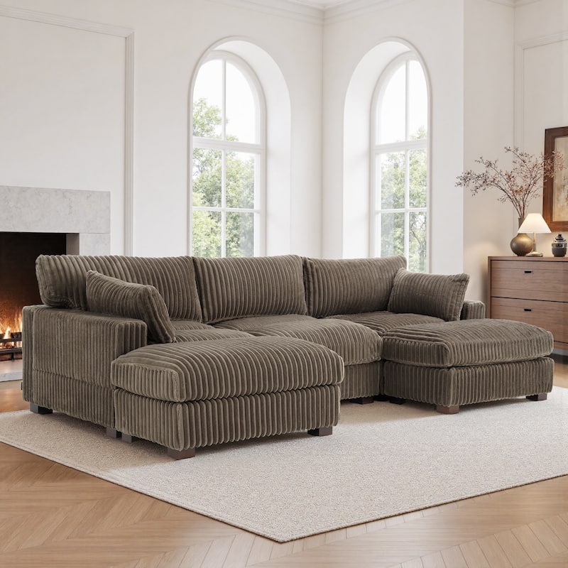 Modern Oversized Plush Corduroy Modular Sectional Sofa with 2 Ottomans - Light Brown-5 Pieces - Symmetrical