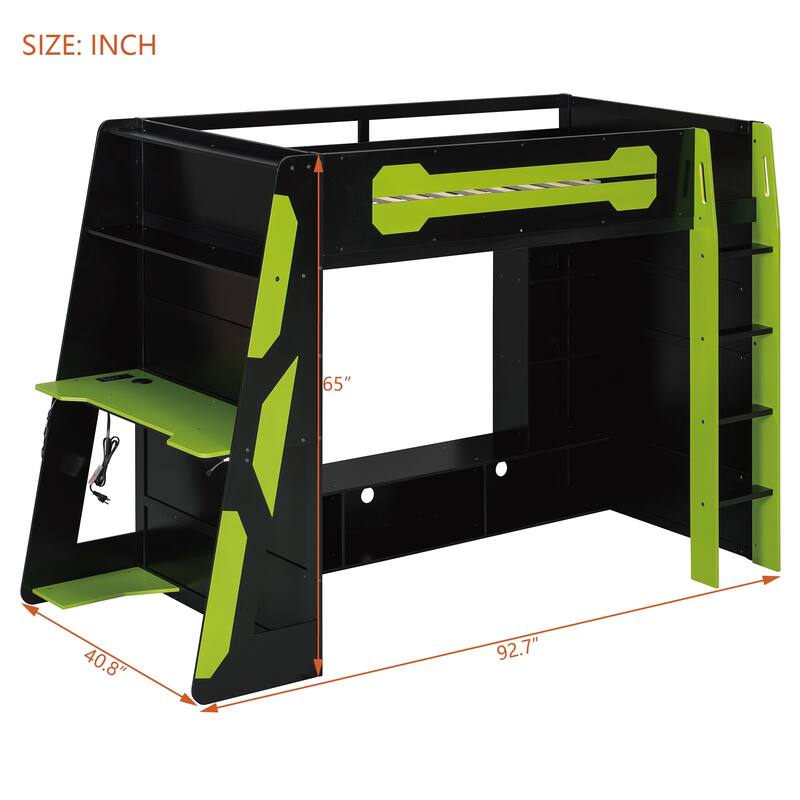 Esports Twin Loft Bed with Desk, Multi-storage Shelves and Light Strip