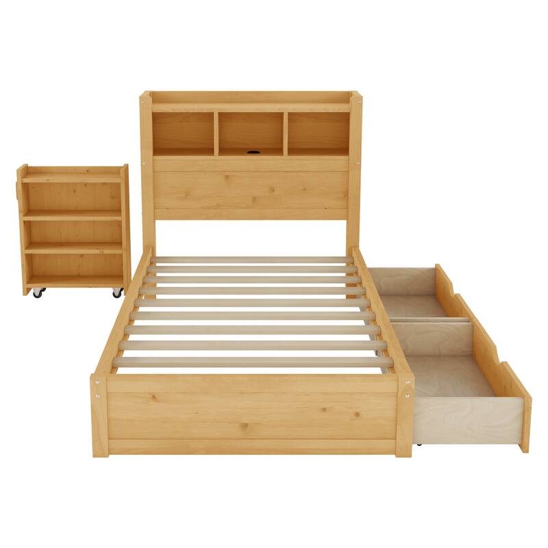 Twin Size Bed with Drawers, Wood Twin Bed with Storage Headboard and Pull Out Storage Cabinet, Wood Bed with Light and Socket
