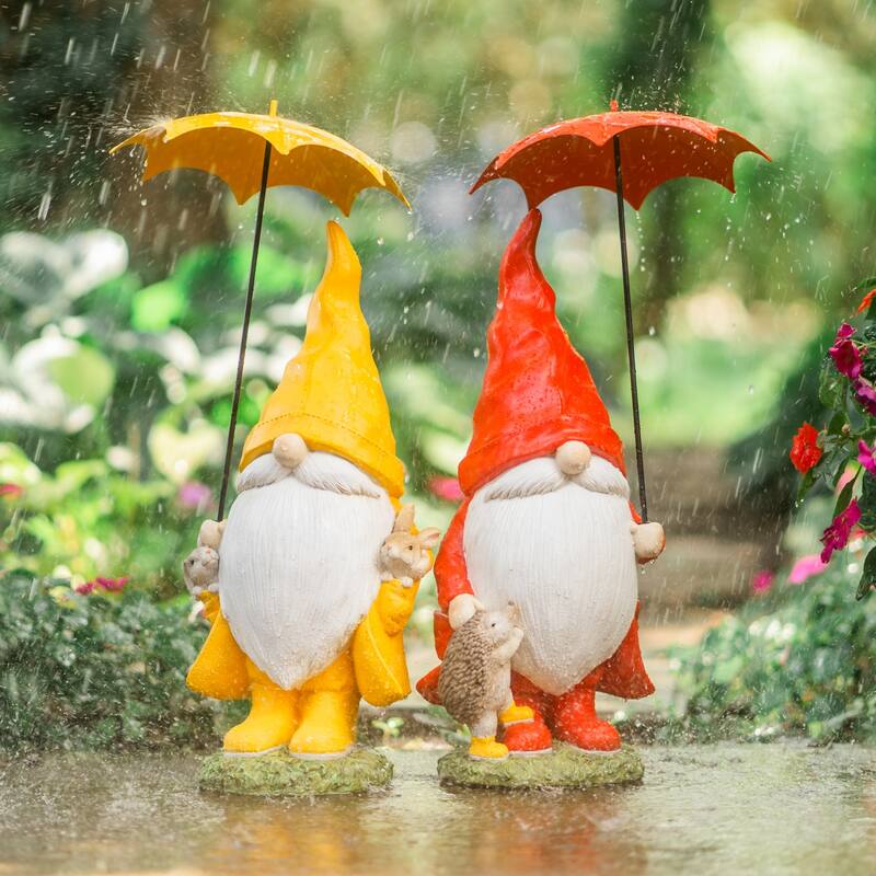 Set of 2 Yellow & Red St&ing Gnomes Umbrella Tabletop Figurines 23"