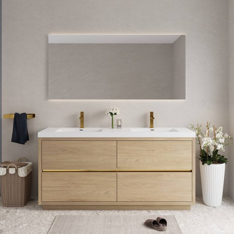Abruzzo 72" Freestanding Vanity with Solid Surface Countertop & Dual Sinks 4 Soft-Close Drawers - Natural Oak
