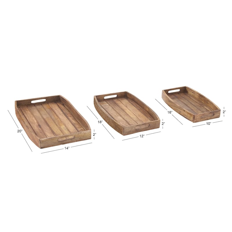 Mango Wood Tray with Slot Handles - Set of 3 Brown - Roche River Decor - 14"W x 20"L x 2"H
