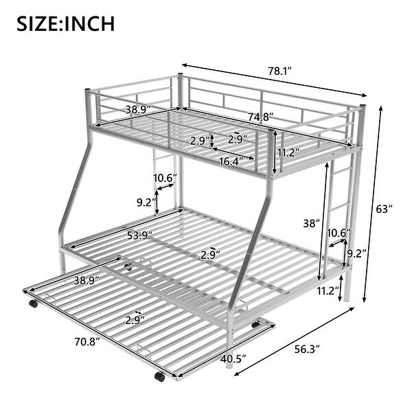 dimension image slide 0 of 3, Twin over Full Bunk Bed with Two-Side Ladders, Full-Length Guardrail, Metal Bed Frame w/Twin Size Trundle, No Box Spring Needed