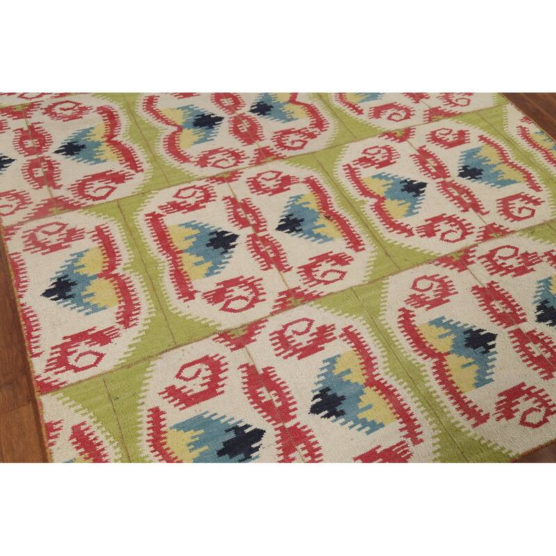 Green Kilim Oriental Area Rug Flatweave Wool Carpet - 5'8"x 8'11"