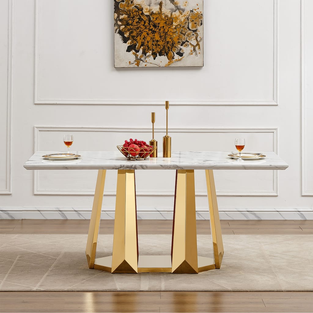70'' Rectangle Faux Marble Dining Table with Mirrored Finish Stainless Steel Base - Gold+White