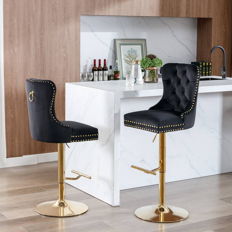 Modern Golden Swivel Velvet Barstools with Adjustable Height, Tufted Design for Kitchen and Pub - Set of 2