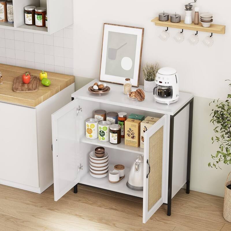 Rattan Storage Cabinet with Doors and Shelves, Natural Rattan Sideboard and Buffet with Storage