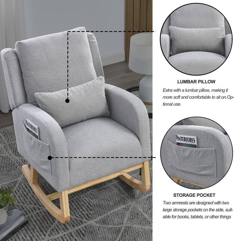 High Back Rocker Accent Chair with Wood Base, One Lumbar Pillow and Two Side Pockets
