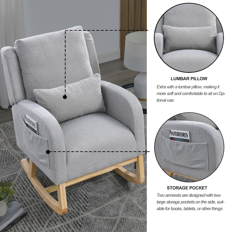 Roomfitters Rocking Chair with High Back, Lumbar Pillow and Side Pockets, Modern Accent Armchair for Living Room