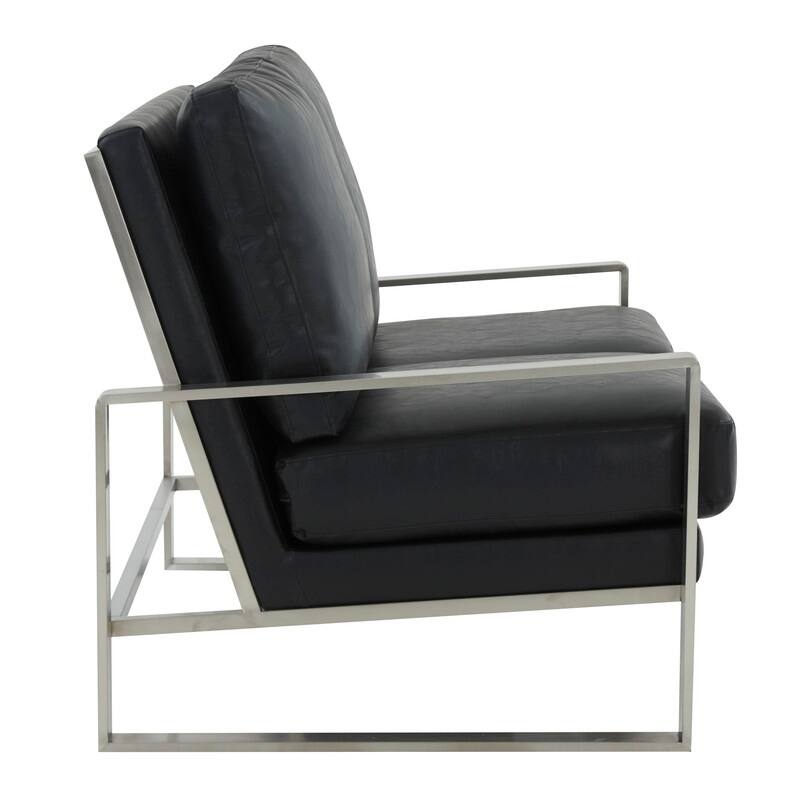 Jefferson Modern Leather Loveseat with Brushed Silver Stainless Steel Base, Removable Cushions, Sinuous Springs, Fully Assembled