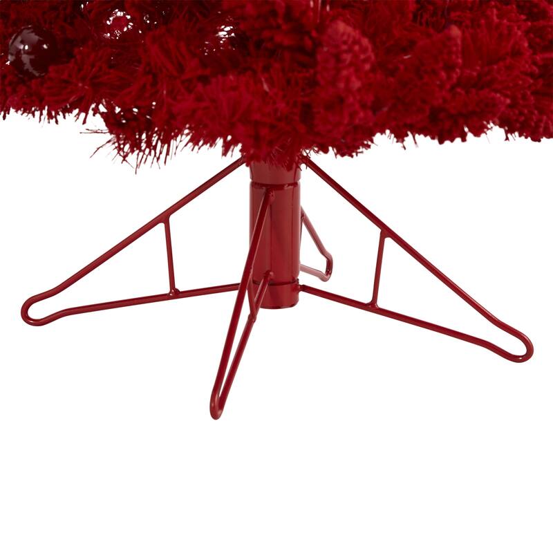 4' Red Flocked Fraser Fir Artificial Christmas Tree with 100 Red Lights, 14 Globe Bulbs and 270 Bendable Branches