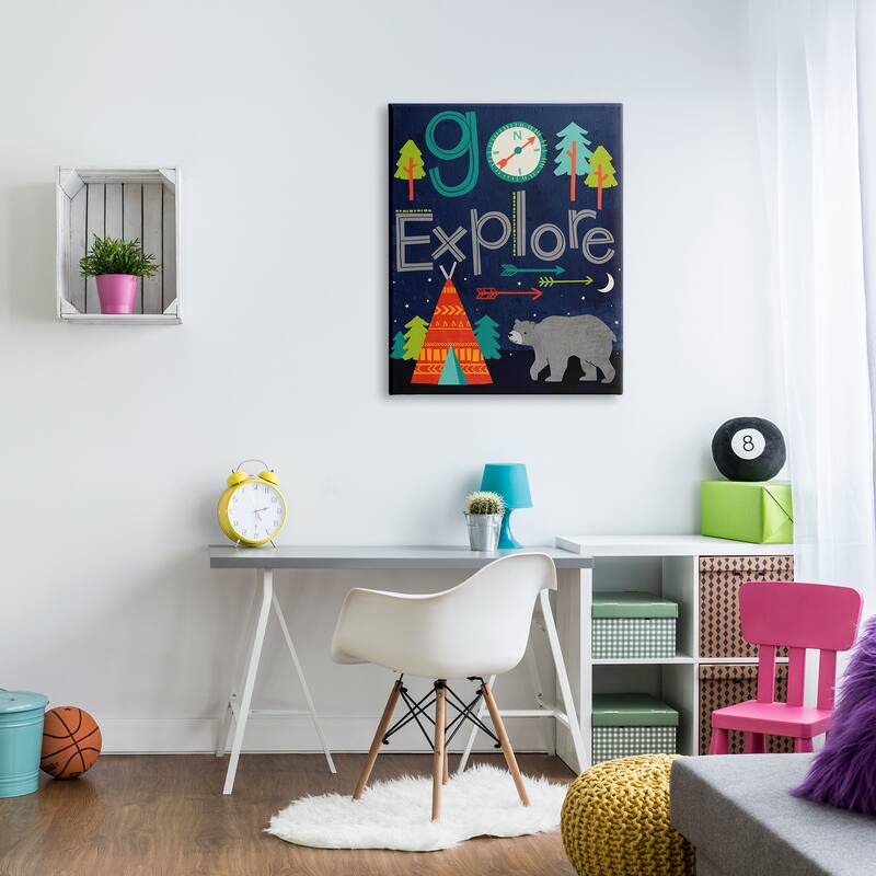 Stupell Go Explore Night Time Tee Pee with Bear Stretched Canvas Wall Art, 16 x 1.5 x 20, Made in USA - Multi-color