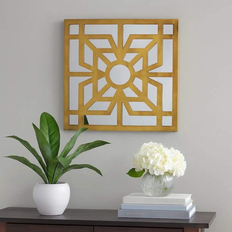 Mirrored Wall Decor Set of 2 with Wooden Floral Overlay on Top, Gold and Silver