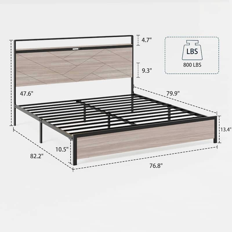wooden platform bed frame with storage LED light headboard and 2 USB