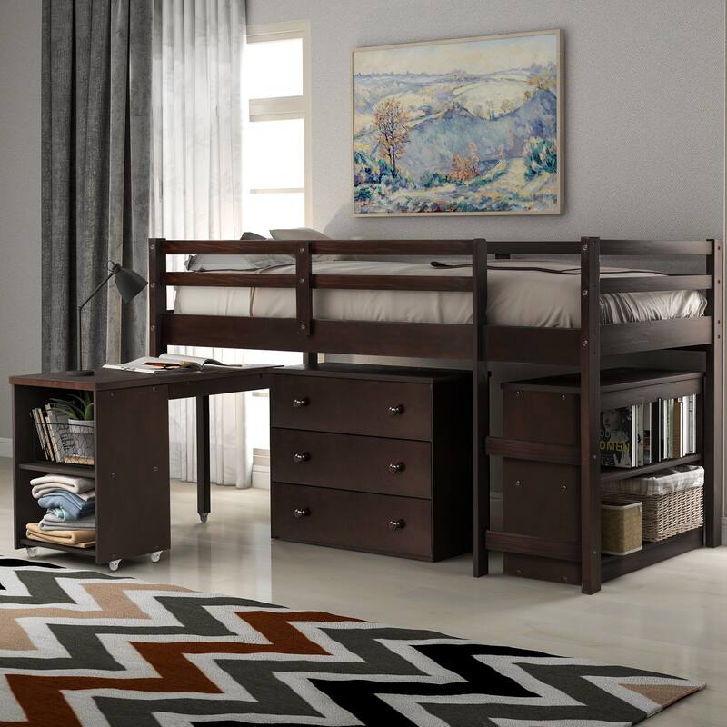 Compact Twin Loft Bed with Storage Drawers and Rolling Desk in Espresso - Espresso