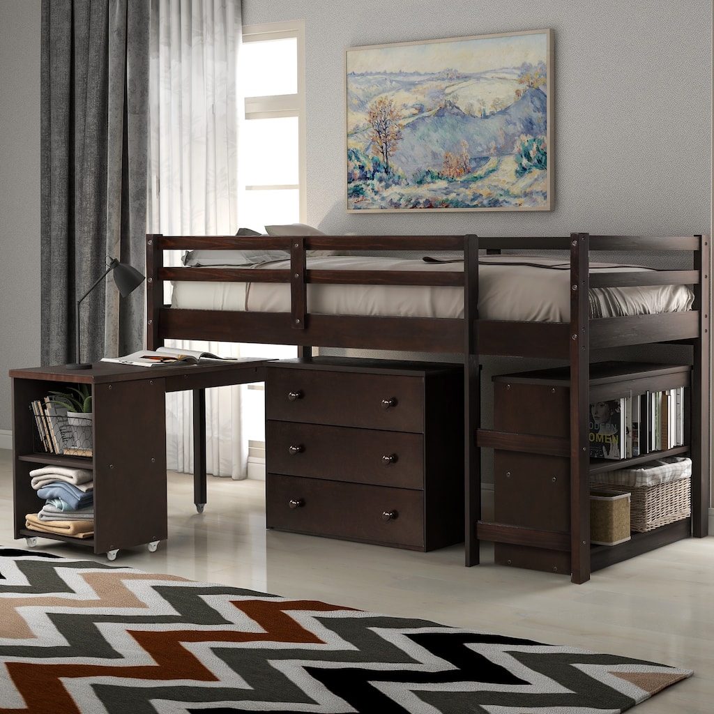 Compact Twin Loft Bed with Storage Drawers and Rolling Desk in Espresso