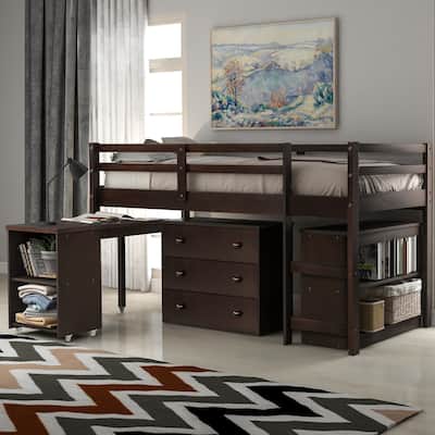 Low Study Loft Bed with Cabinet and Rolling Portable Desk