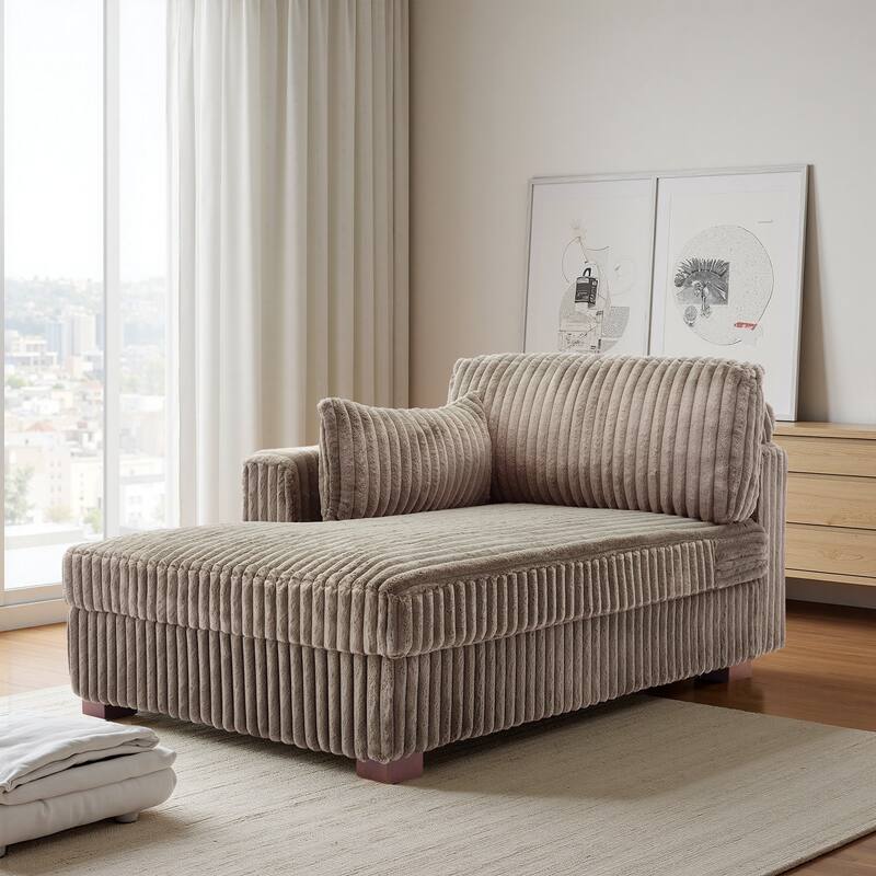 42" W Plush Corduroy Upholstered Chaise Lounge Sleeper for Living - Chaise-Left Facing - Light Brown