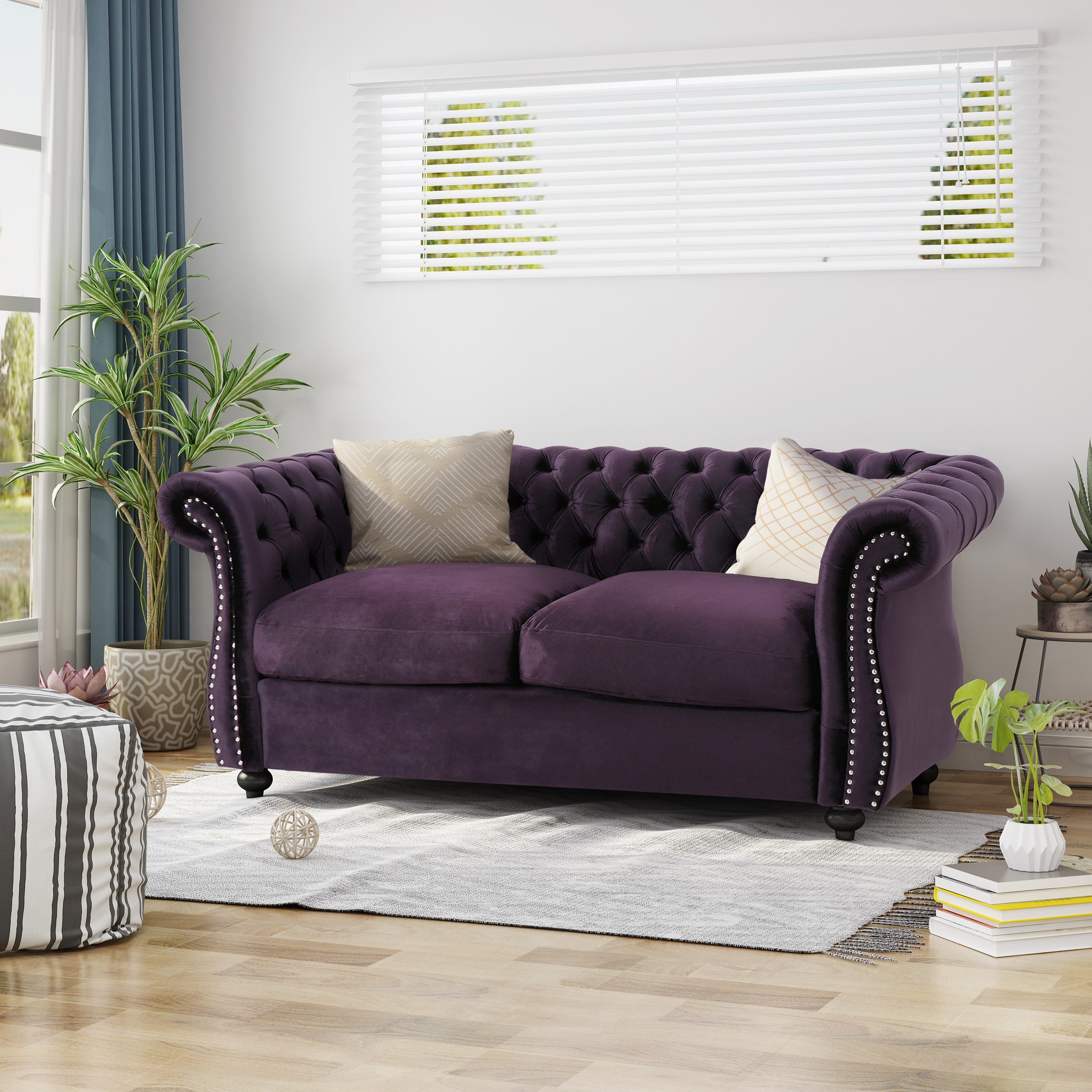 2 Seat Sofa Couch Upholstered Loveseat with Nailhead Trim, Purple 2-Seater Settee with Rolled Armrests
