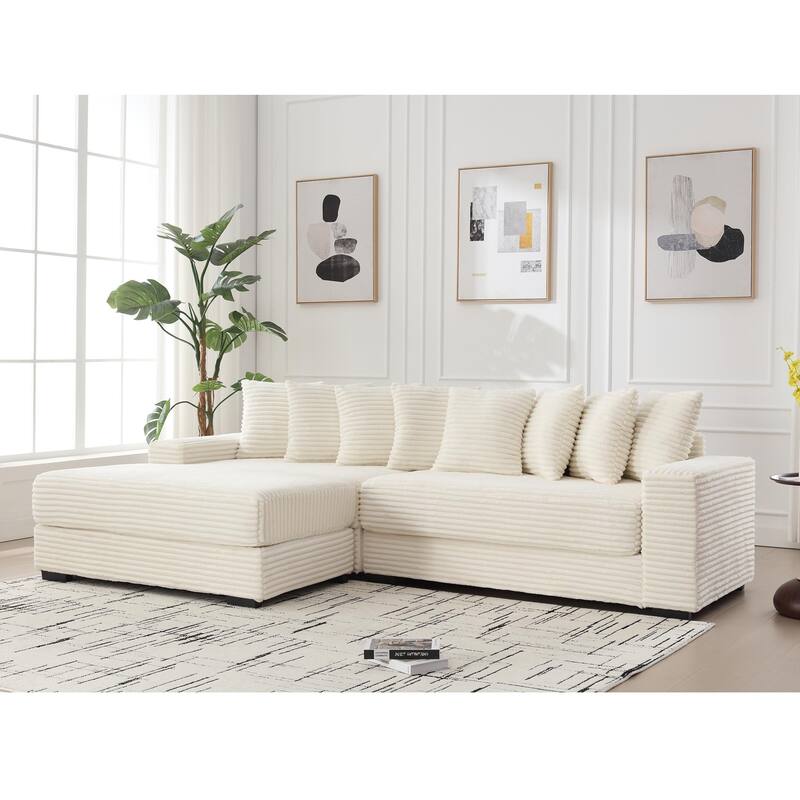Oversized Corner Couch L-Shaped Corduroy Sofa Set with Left Chaise Daybed, Armrests, and Eight Throw Pillows - Beige
