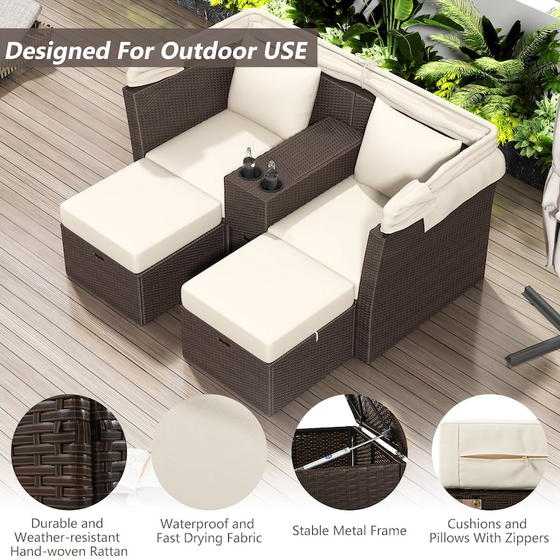 2-Seater Outdoor Patio Daybed with Foldable Awning