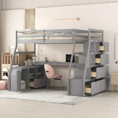 Gray Twin Size Wood Loft Bed with Drawers, Shelves, Ladder, and Desk