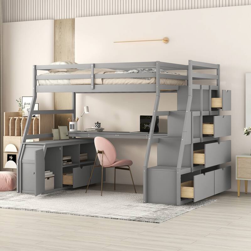 Twin Loft Bed with Built-In Desk, 7 Storage Drawers, 2 Shelves, Solid Wood Construction, for Kids' Bedrooms - Grey - Twin