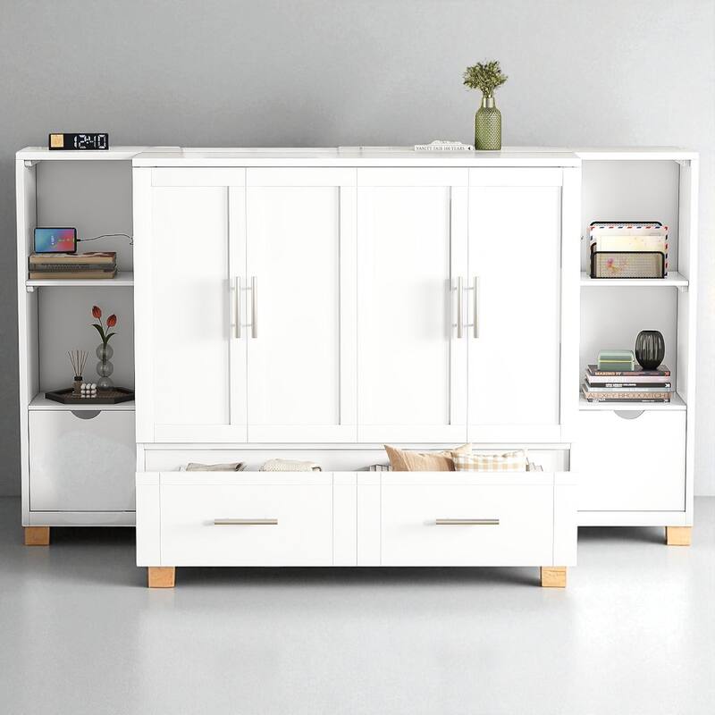 Full/Queen Size Murphy Wall Bed with Storage Shelves, Drawers and USB Charging Ports, Foldable Design