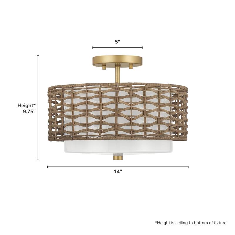 Hunter Laila 2-Light Flush Mount Ceiling Light - Open Weave Rattan - Transitional