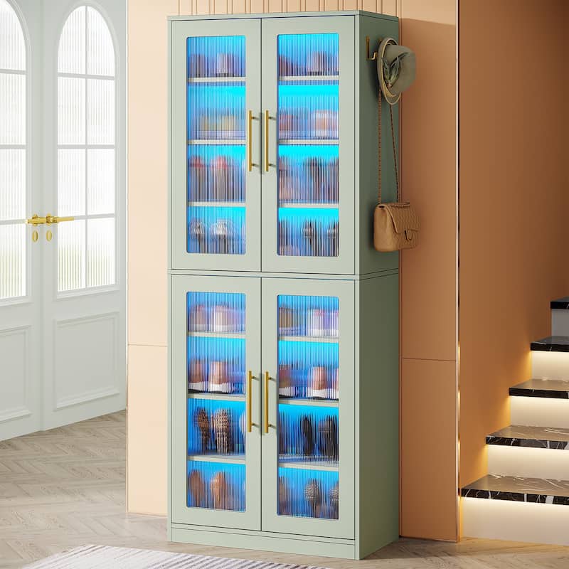 Modern Tall Entryway Shoe Storage Cabinet with Acrylic Doors and LED Light - 8-Tier