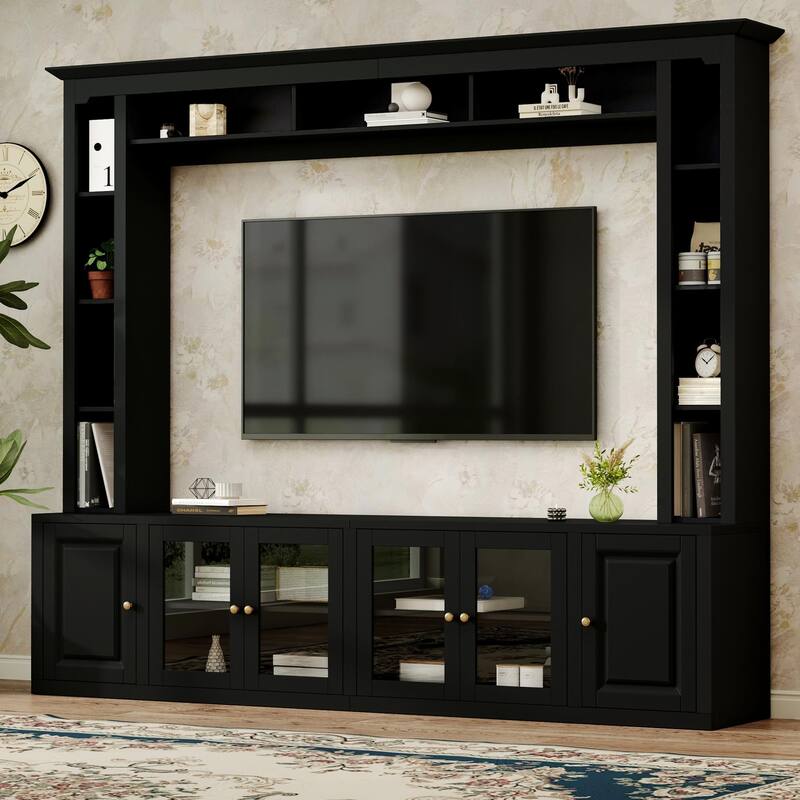 4-Piece Modern TV Stand, for 80/92-Inch TVs with Bookshelves and Adjustable Shelves, for Living Rooms, Black - Black