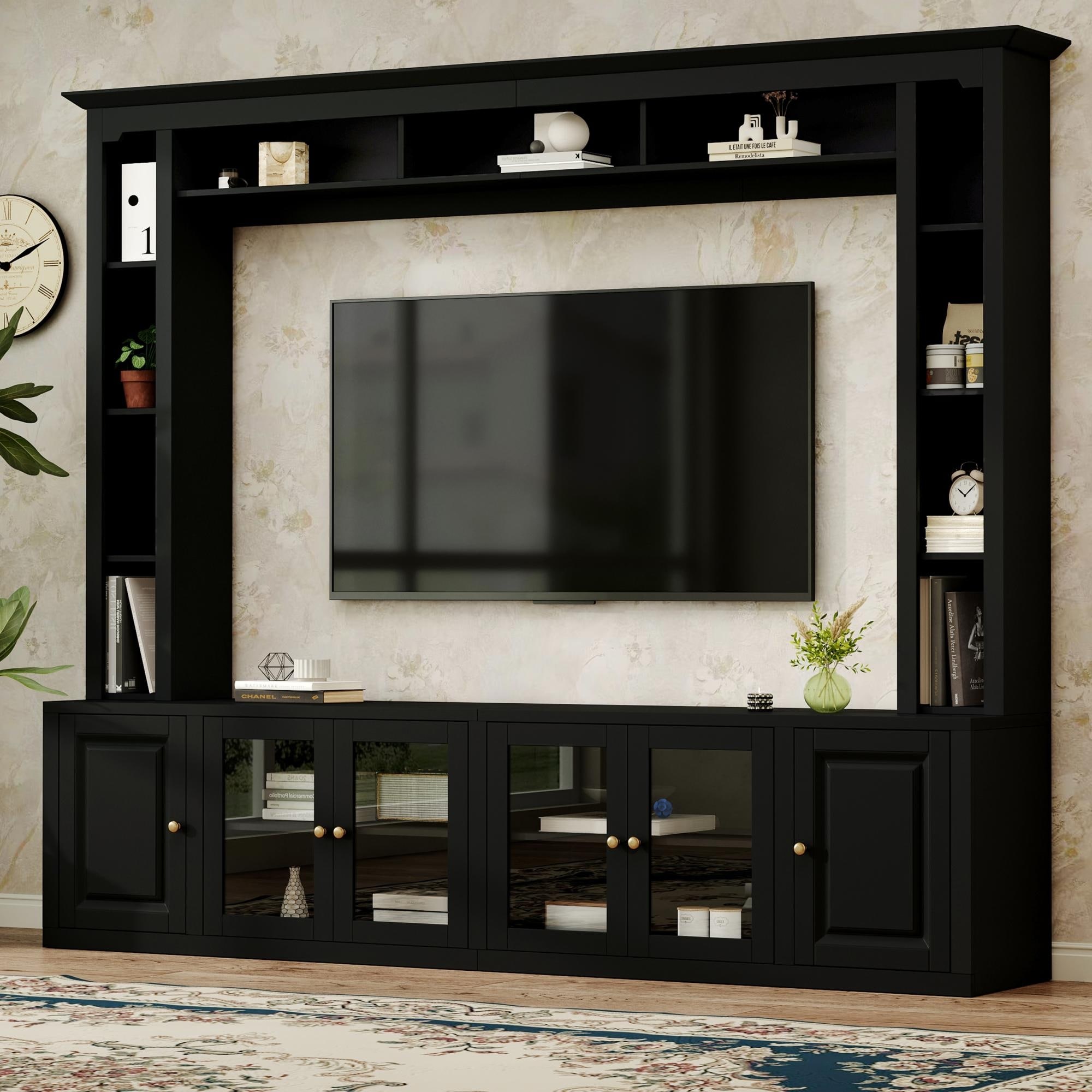 4-Piece Modern TV Stand, for 80/92-Inch TVs with Bookshelves and Adjustable Shelves, for Living Rooms, Black