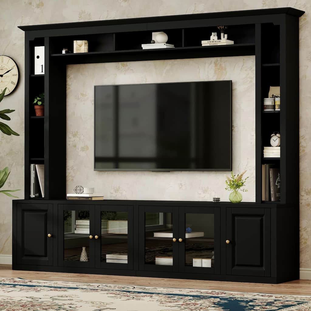 Roomfitters 4-Piece Modern Entertainment Center, TV Stand with Adjustable Shelves & Tempered Glass Doors for TVs up to 80"