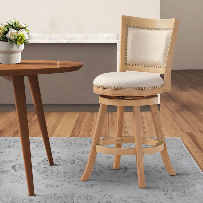 Kia 24 Inch Solid Wood Swivel Counter Stool, Curved Panel Back, Brass Nailheads, Ivory