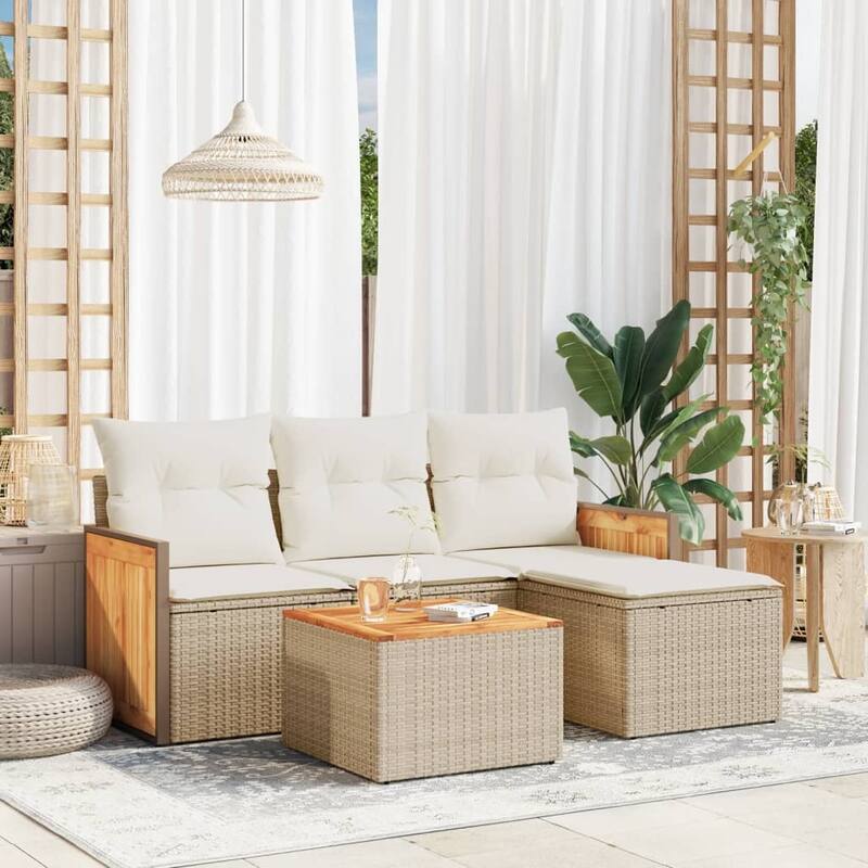 vidaXL Patio Sofa Set with Cushions Outdoor Conversation Furniture Poly Rattan - Beige and Cream-With table - 24.4 x 23.2 x 27.2