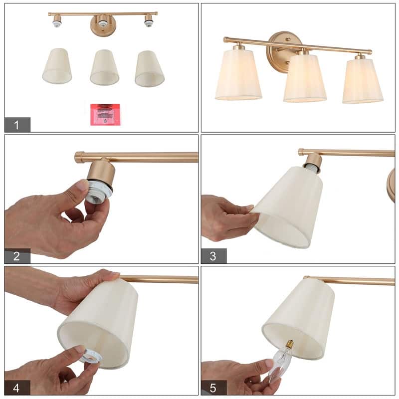 Fabrey Mid-century Modern 3-light Gold Bathroom Vanity Light Cone Beige Fabric Shade Dimmable Wall Sconces