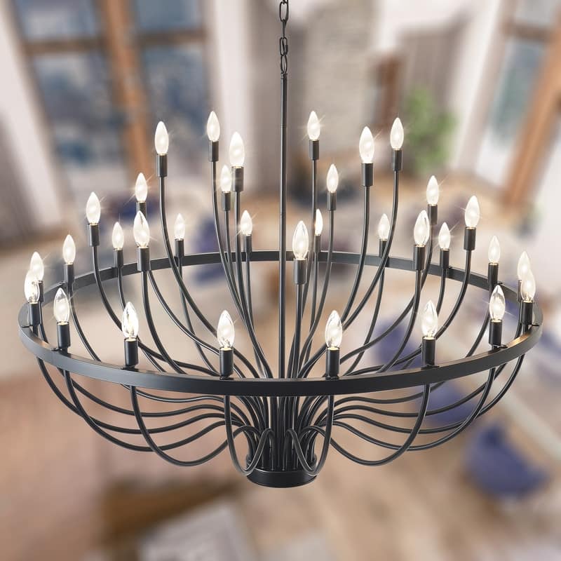 Black Chandelier Modern Farmhouse Chandelier for Dining Room Round Industrial Candle Chandeliers Light Wagon Wheel Chandelier