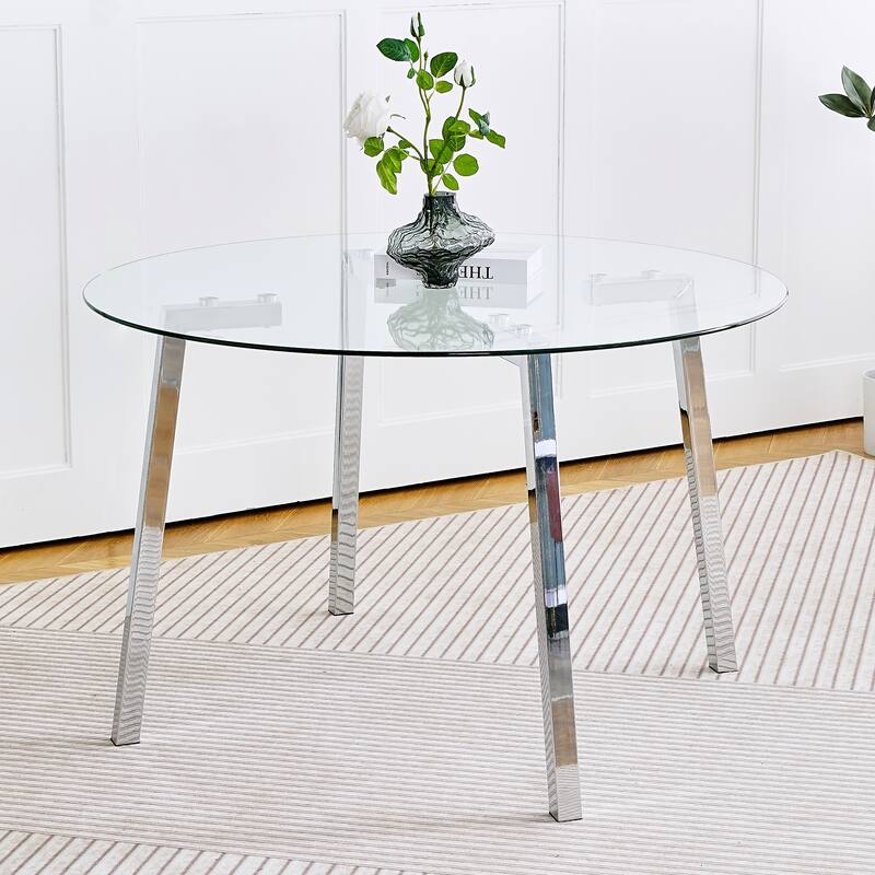47.2" Round Glass Dining Table Set for 4, Modern 5-Piece Kitchen & Dining Table with 4 PU Chairs for Apartments, Kitchens