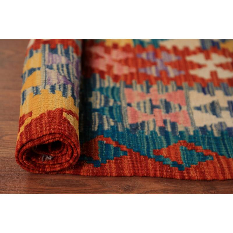 Geometric Kilim Oriental Rug Hand-Woven Multi-Color Wool Carpet - 8'5"x 9'9"