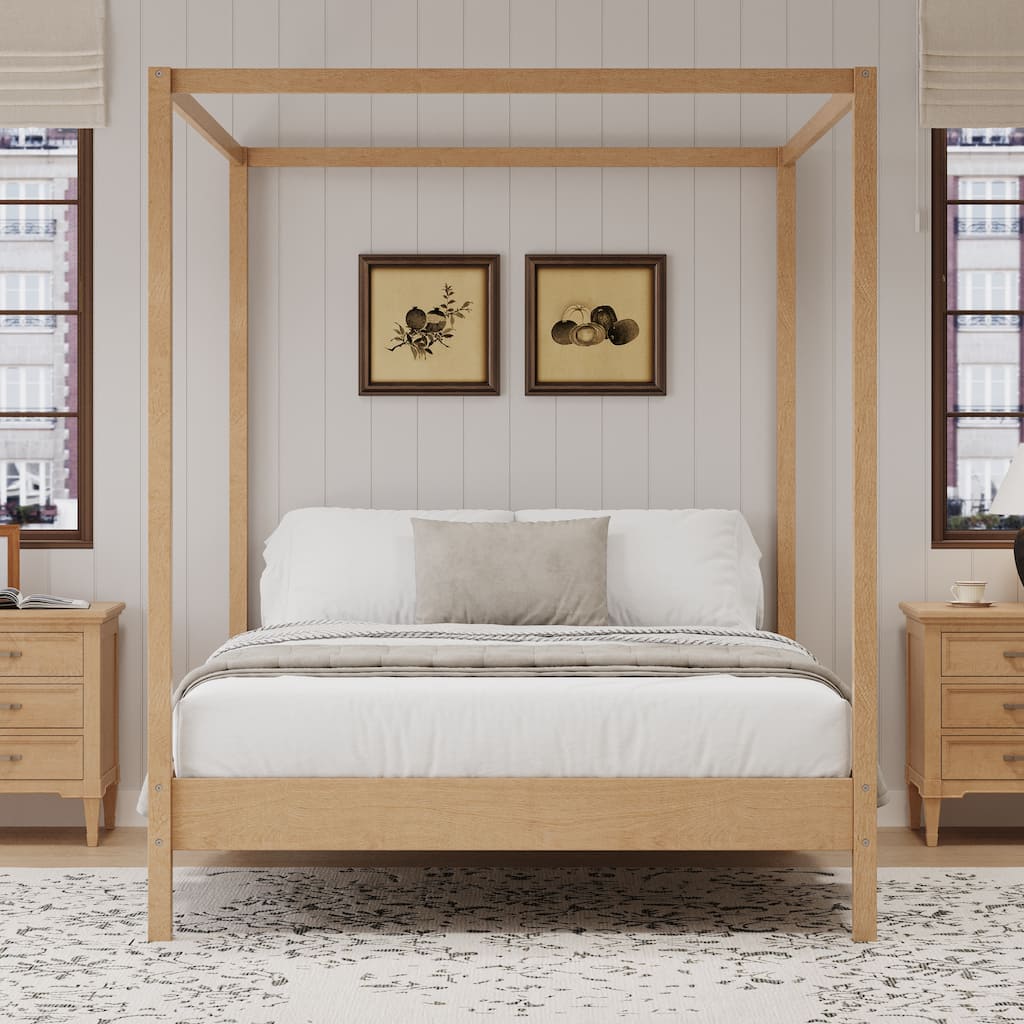 Solid Wood Canopy Bed Frame Four Poster Platform Bed with Slats Support