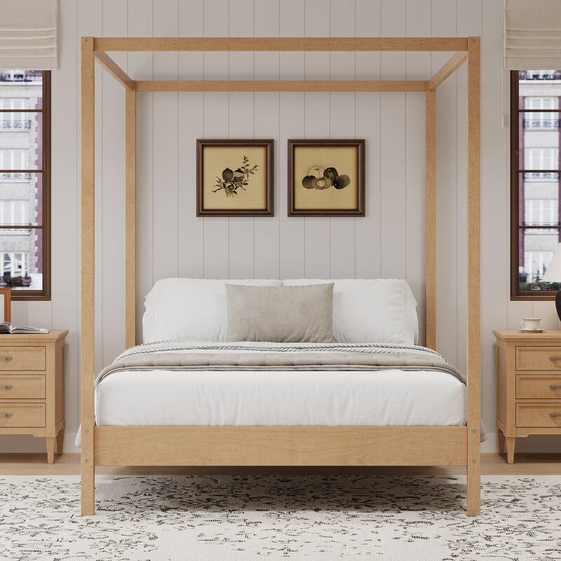 Solid Wood Four Poster Bed Canopy Bed Frame Platform Bed with Wood Slats Support for Bedroom, No Box Spring Needed - Natural - Queen