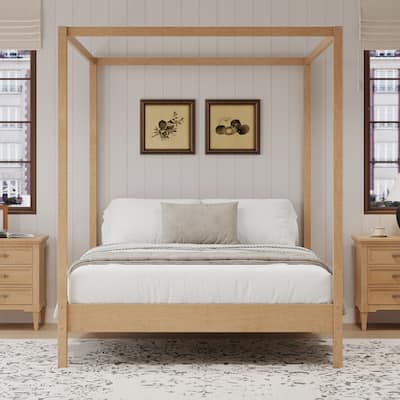 Solid Wood Queen Size Canopy Bed Frame Four Poster Platform Bed